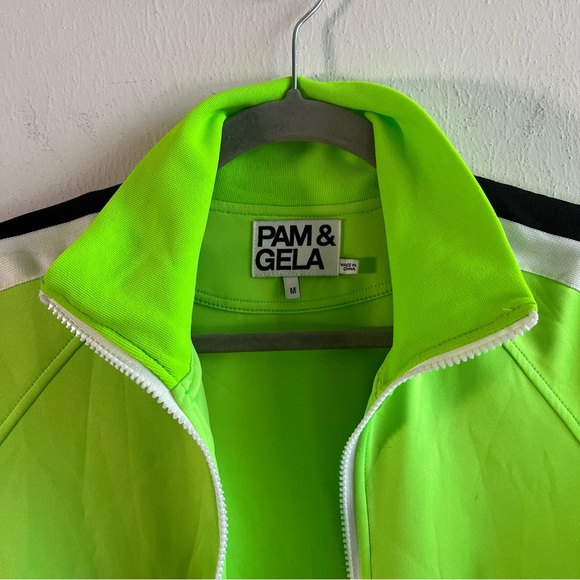 Pam & Gela Jacket; Solid Track Jacket in Lime w/ Black & White Stripes Sz M GUC - Picture 5 of 12
